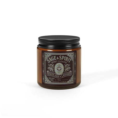 A high-quality studio photograph of the Grimoire & Goblet White Sage & Lavender candle. The 9 oz or 4 oz amber-colored glass jar is cylindrical with a smooth, black metal lid. The ornate, detailed label features the brand's name, 'Sage & Spirit,' an all-seeing eye, and the scent notes 'White Sage + Lavender.' The 100% soy wax blend and cotton wick are visible, crafted for a long-burning, clean, and elegant home fragrance. This piece of gothic home decor is a spiritual tool for energy cleansing.